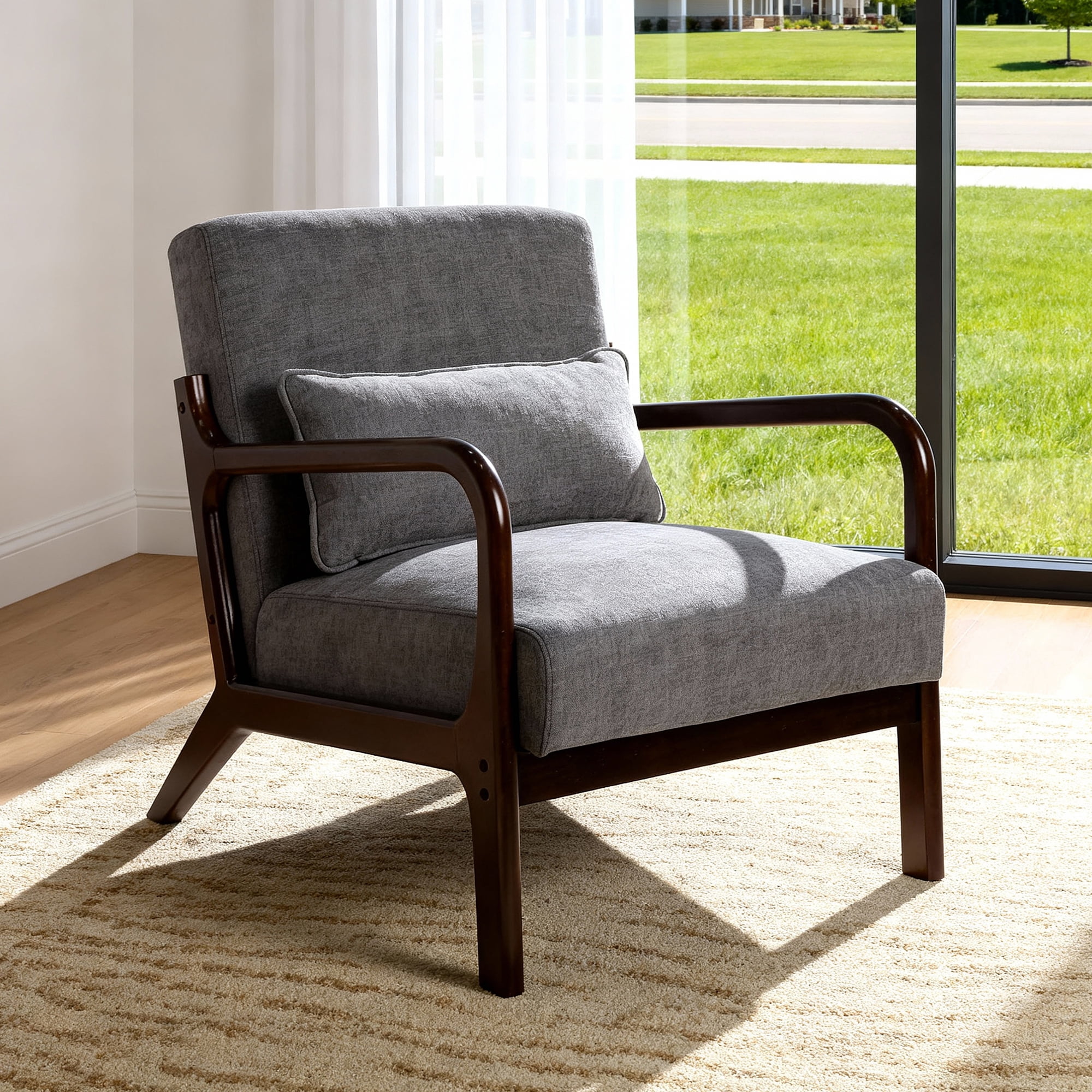 Mid Century Accent Chair with Solid Wood Frame, Upholstered Modern Reading Armchair with Lumbar Pillow, Comfy Lounge Chair for Living Room, Grey