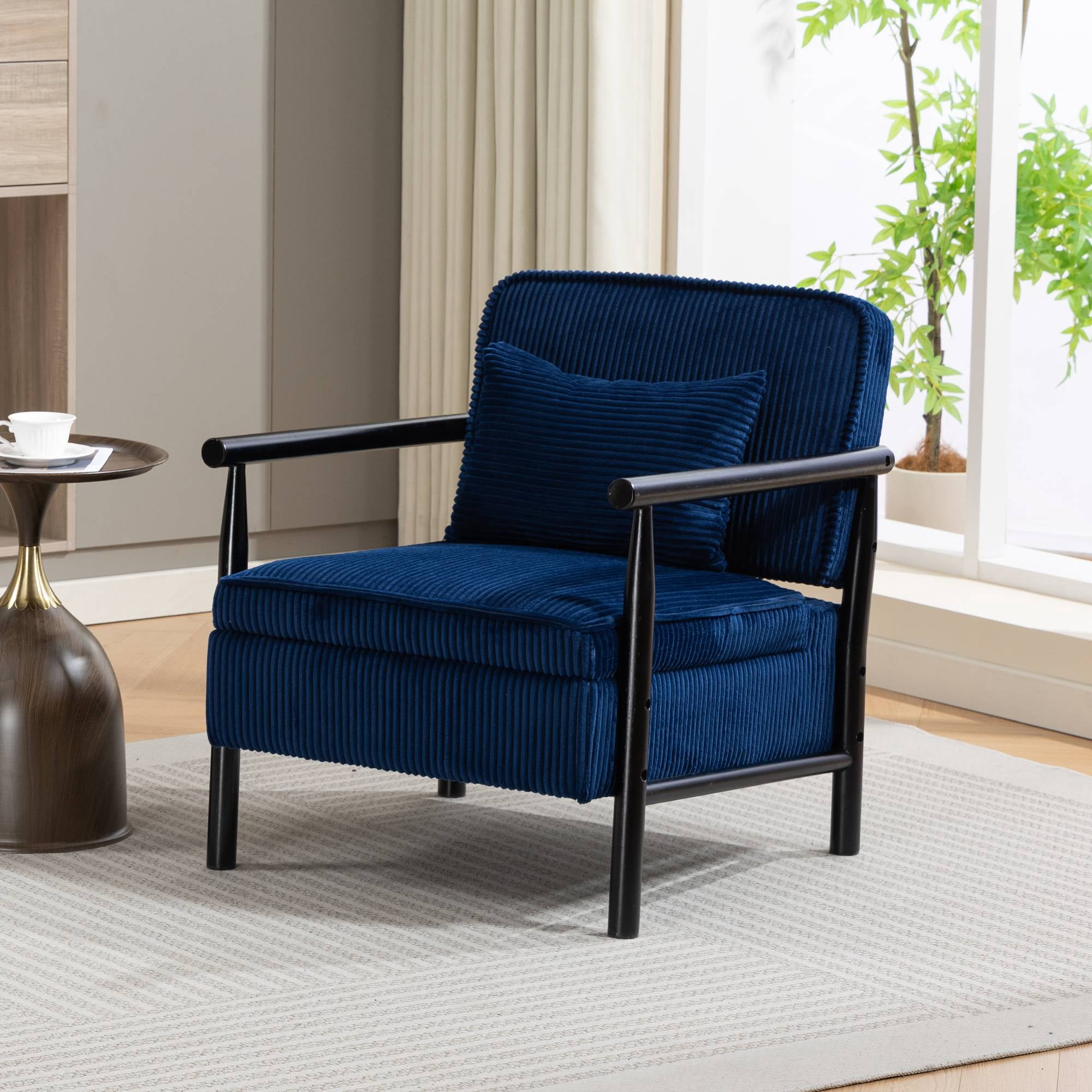 Mid-Century Accent Chair with Storage, Modern Comfy Reading Armchair with Lumbar Pillow for Living Room, Blue