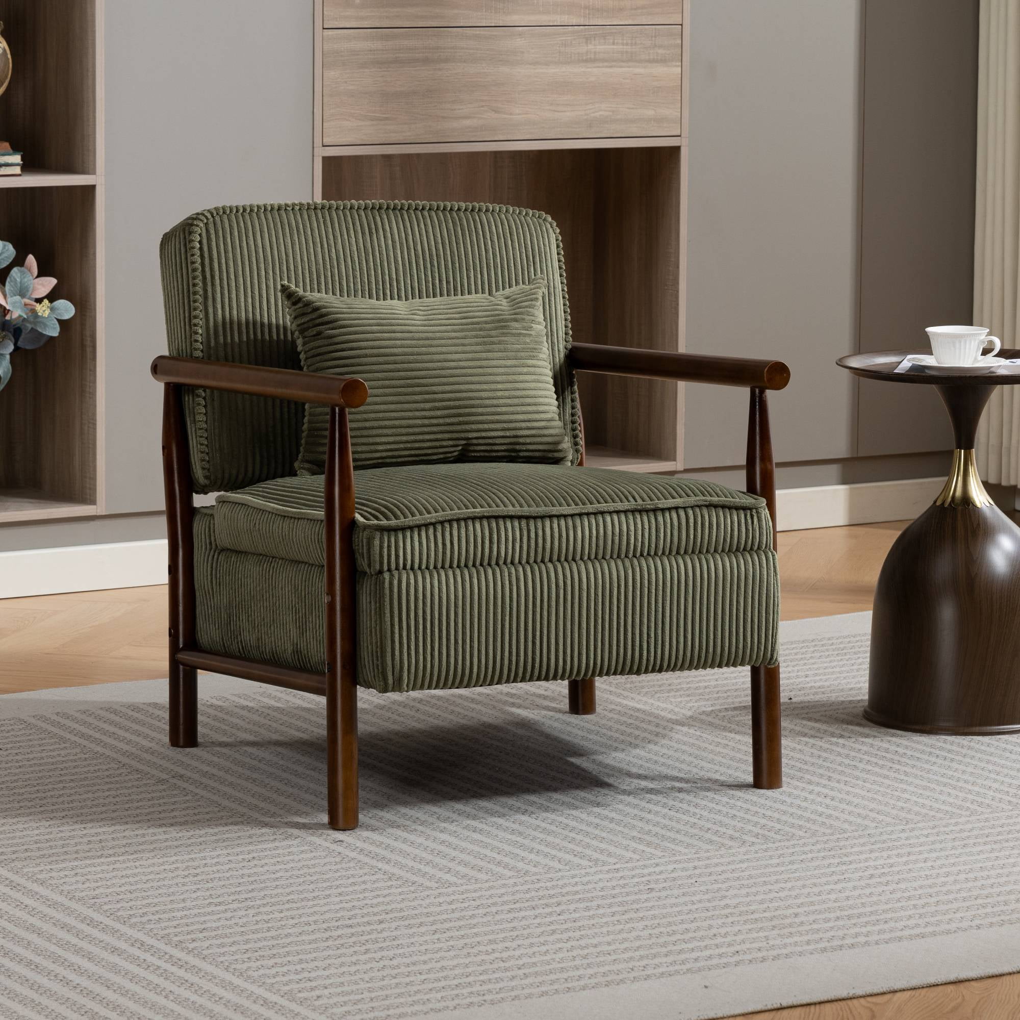 Mid-Century Accent Chair with Storage, Modern Comfy Reading Armchair with Lumbar Pillow for Living Room, Green