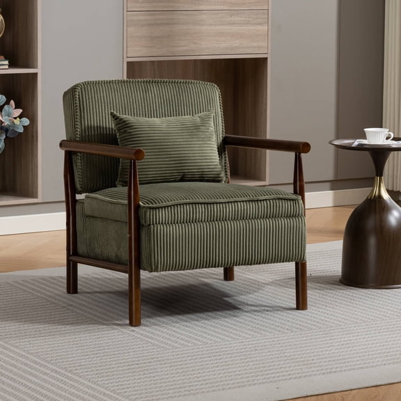 Mid-Century Accent Chair with Storage, Modern Comfy Reading Armchair with Lumbar Pillow for Living Room, Green
