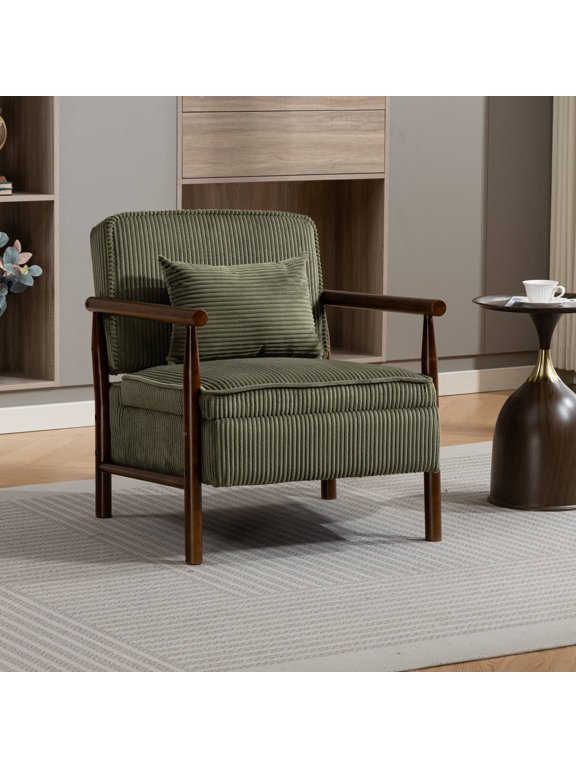 Mid-Century Accent Chair with Storage, Modern Comfy Reading Armchair with Lumbar Pillow for Living Room, Green