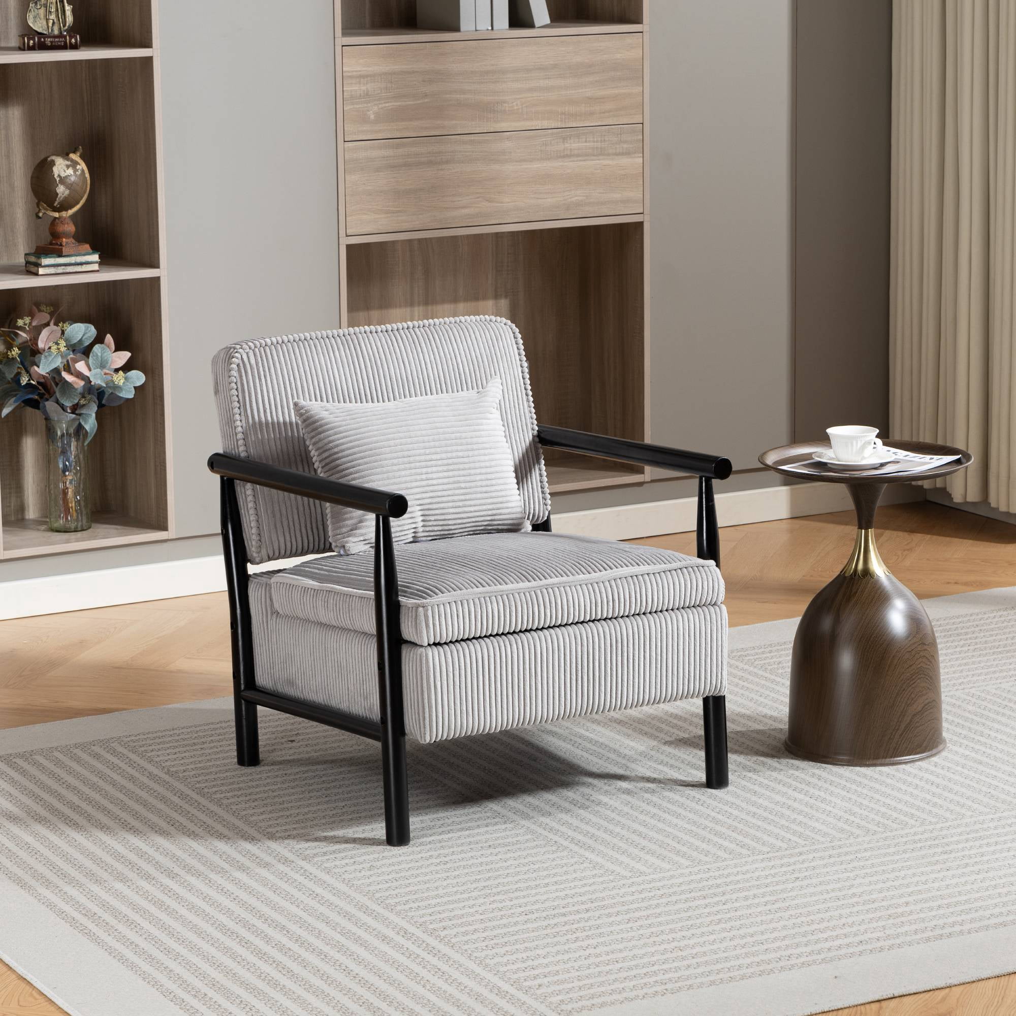 Mid-Century Accent Chair with Storage, Modern Comfy Reading Armchair with Lumbar Pillow for Living Room, Grey