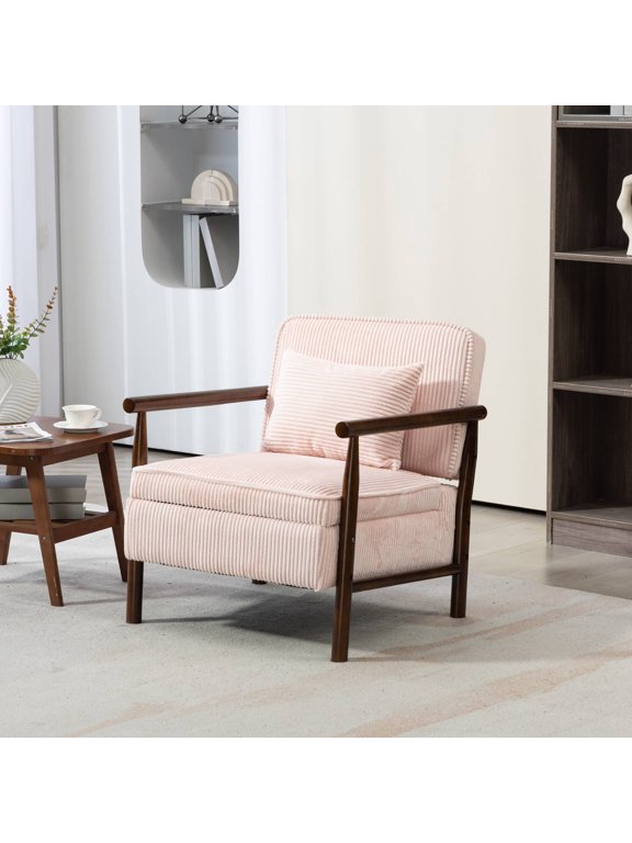 Mid-Century Accent Chair with Wood Frame, Modern Comfy Reading Armchair with Lumbar Pillow for Living Room, Pink