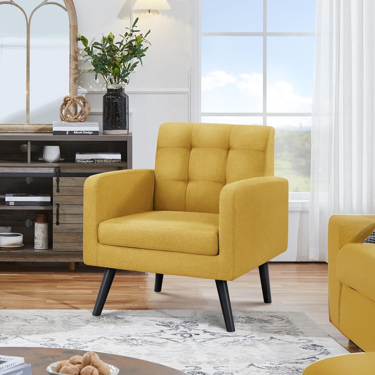 Mid-Century Accent Chairs, Modern Upholstered Living Room Chair, Cozy Armchair Button Tufted ...