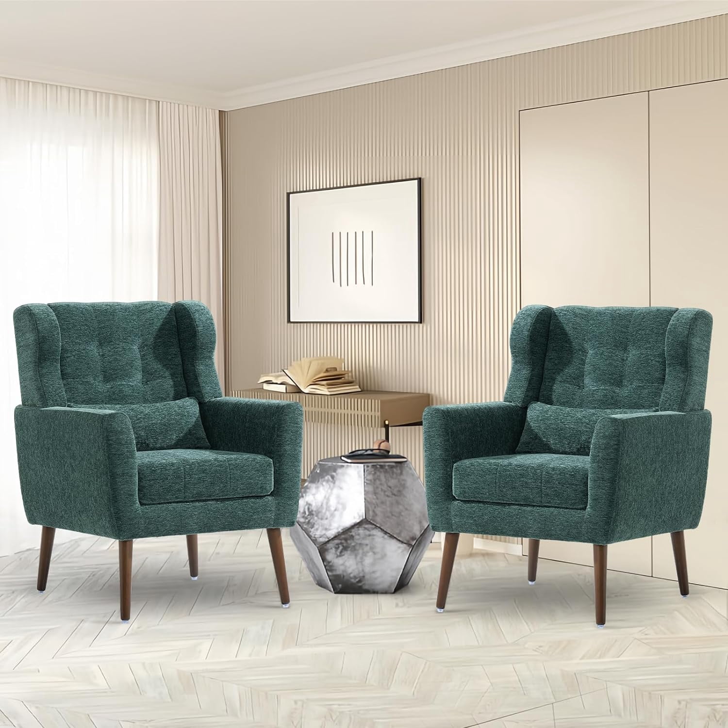 Mid-Century Accent Chairs, Modern Upholstered Living Room Chair, Cozy Armchair Button Tufted Back and Wood Legs for Bedroom/Office/Cafe