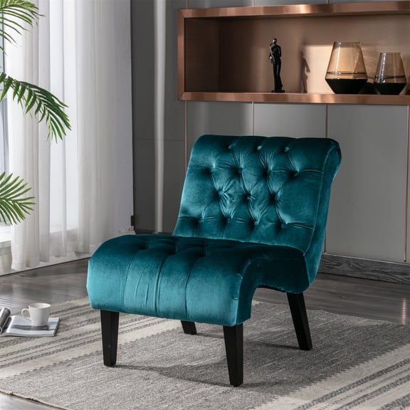 Mid Century Accent Living Room Chair, Velvet Lounge Chair with Tufted Button High-Back, Ergonomics Comfy Single Leisure Sofa Chair Reading Chair with Rubber Legs for Living Room Bedroom, Teal