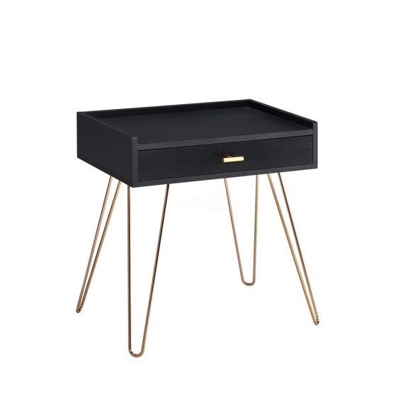 Mid-Century Accent Table with Copper Hairpin Legs, Black Finish & Drawer