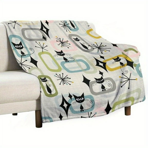 Mid Century Aesthetic Flannel Throw Blanket Retro 60s Geometric Black Cats Print Soft Blanket for Home Couch Bed Sofa Chair Travel Decor for All Seasons