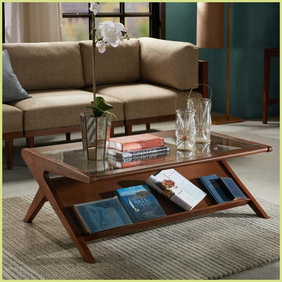 Mid-Century Angular Pecan Coffee Table with Tempered Glass Top Space-Saving Storage for Living Room