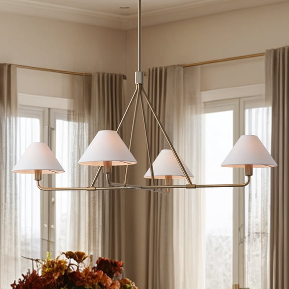 Mid-Century Antique Brass Linen Chandelier, 37 Inch Conical Ceiling Light, Natural 4-Light Ceiling Lamp, Organic Ceiling Mounted Light for Living Room, Dining Room
