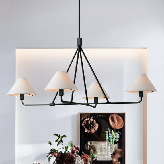 Mid-Century Antique Brass Linen Chandelier, 37 Inch Conical Ceiling Light, Natural 4-light Ceiling Lamp, Organic Ceiling Mounted Light for Living Room, Dining Room