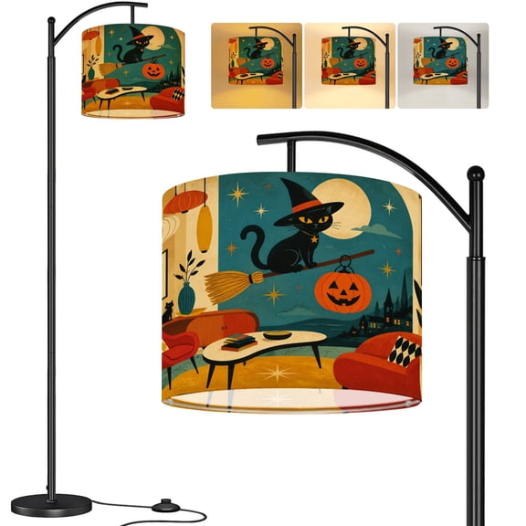 Mid Century Arc Floor Lamp 62.6" Arched Standing Lamp with Dimmable 3 Color Temperatures Black Cat Magic Broomstick Tall Lamp for Living Room Bedroom Reading LED Bulbs Included
