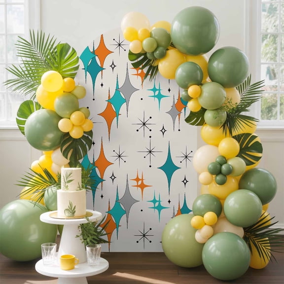 Mid Century Arch Backdrop Cover, 4FT, Boho Modern Geometric Teal Orange Star Spandex Arch Covers Double-Sided Backdrop for Wedding Birthday Party Photo Background Decoration