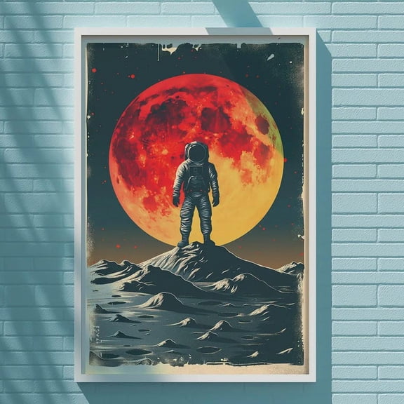 Mid Century Astronaut Retro Space Geometric Earth Moon Illustration Vintage Sci Fi Modern Decor, Unframed Poster