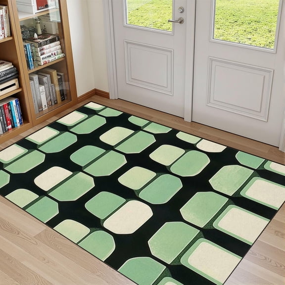 Mid-Century Atomic Area Rug, Black Cream Green Pattern Carpet, Washable Non Slip Low Pile Soft Thin, Living Room Bedroom Bathroom Home Decor Mat 5x8ft
