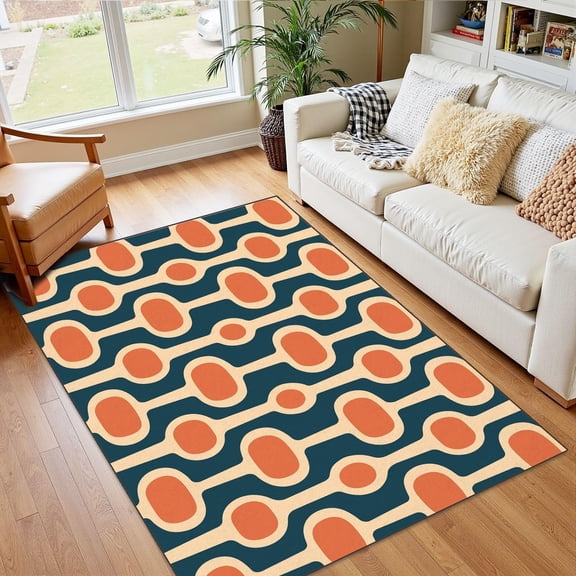 Mid-Century Atomic Area Rug, Blue Orange Cream Pattern Carpet, Washable Non Slip Low Pile Soft Thin, Living Room Bedroom Entryway Home Decor Mat 2x3ft
