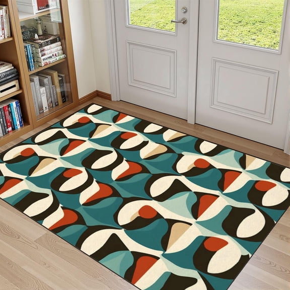 Mid-Century Atomic Area Rug, Teal Cream Brown Pattern Carpet, Washable Non Slip Low Pile Soft Thin, Living Room Bedroom Bathroom Home Decor Mat 2x3ft