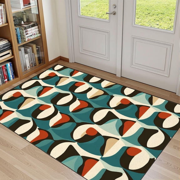 Mid-Century Atomic Area Rug, Teal Cream Brown Pattern Carpet, Washable Non Slip Low Pile Soft Thin, Living Room Bedroom Bathroom Home Decor Mat 5x8ft