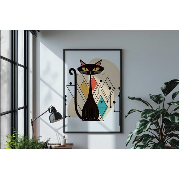 Mid Century Atomic Black Cat Wall Art Print, Unframed Paper Poster 11x14in