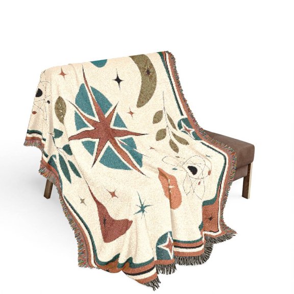 Mid-Century Atomic Celestial Cream, Teal and Rust Woven Throw Blanket, 100% Cotton, Retro Home Decor