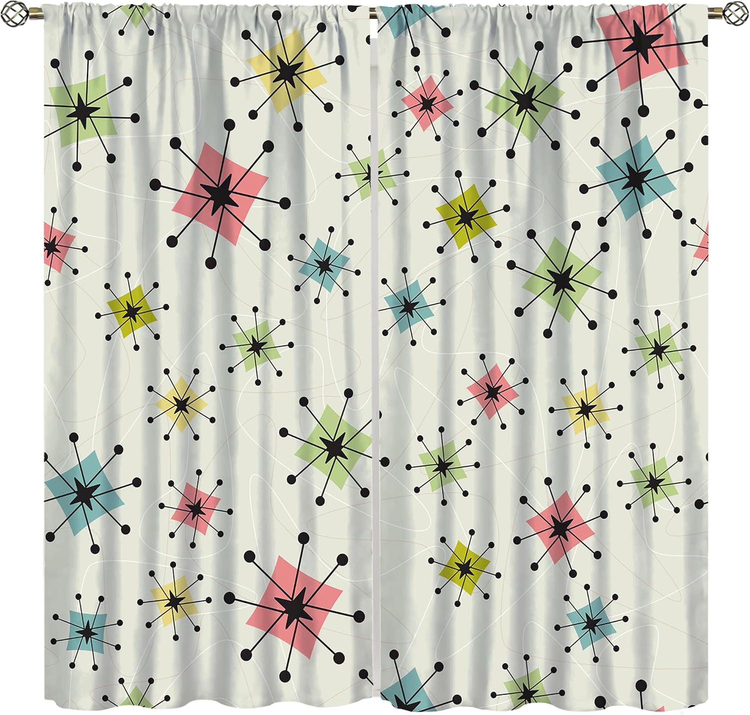 Mid Century Atomic Curtains, Vintage Atomic Stars Exploding Modern Geometric Boomerangs, Bedroom Living Room Blackout Noise Reduction Curtains52X84 Inch