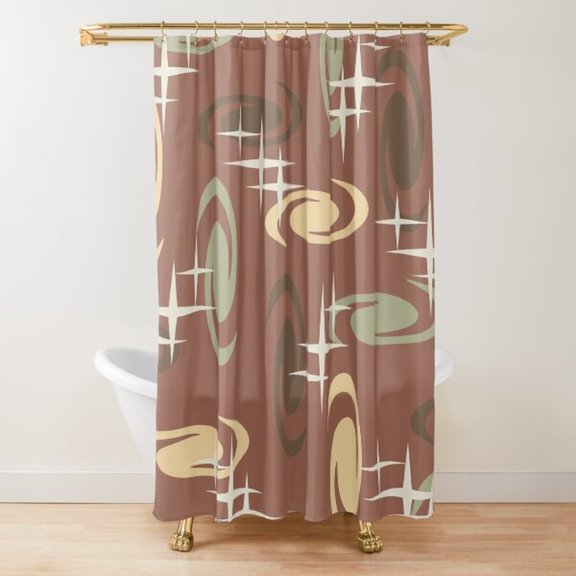 Mid-Century Atomic Ovals and Starbursts Dusty Rose Shower Curtain, 100% Polyester, Retro Geometric Bathroom Decor