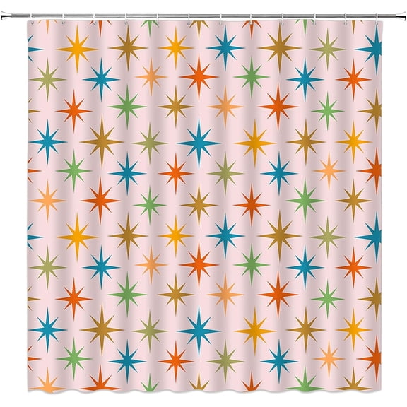 Mid Century Atomic Shower Curtain Blue Yellow Retro ​Atomic Starbursts Stars Boho Modern Abstract Geometric Iconic Retro 1950s 1960s Vintage Bathroom Fabric Curtain with Hooks