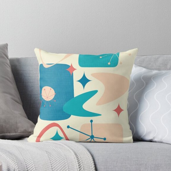 Mid-Century Atomic Starburst Geometric Square Pillow Case, Teal, Cream, Peach and Coral, Polyester Velvet