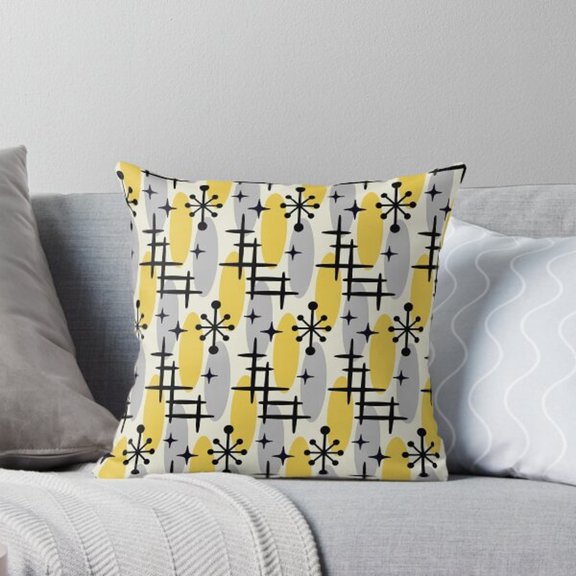 Mid-Century Atomic Starburst Geometric Yellow Gray Square Pillow Case, 100% Polyester Velvet