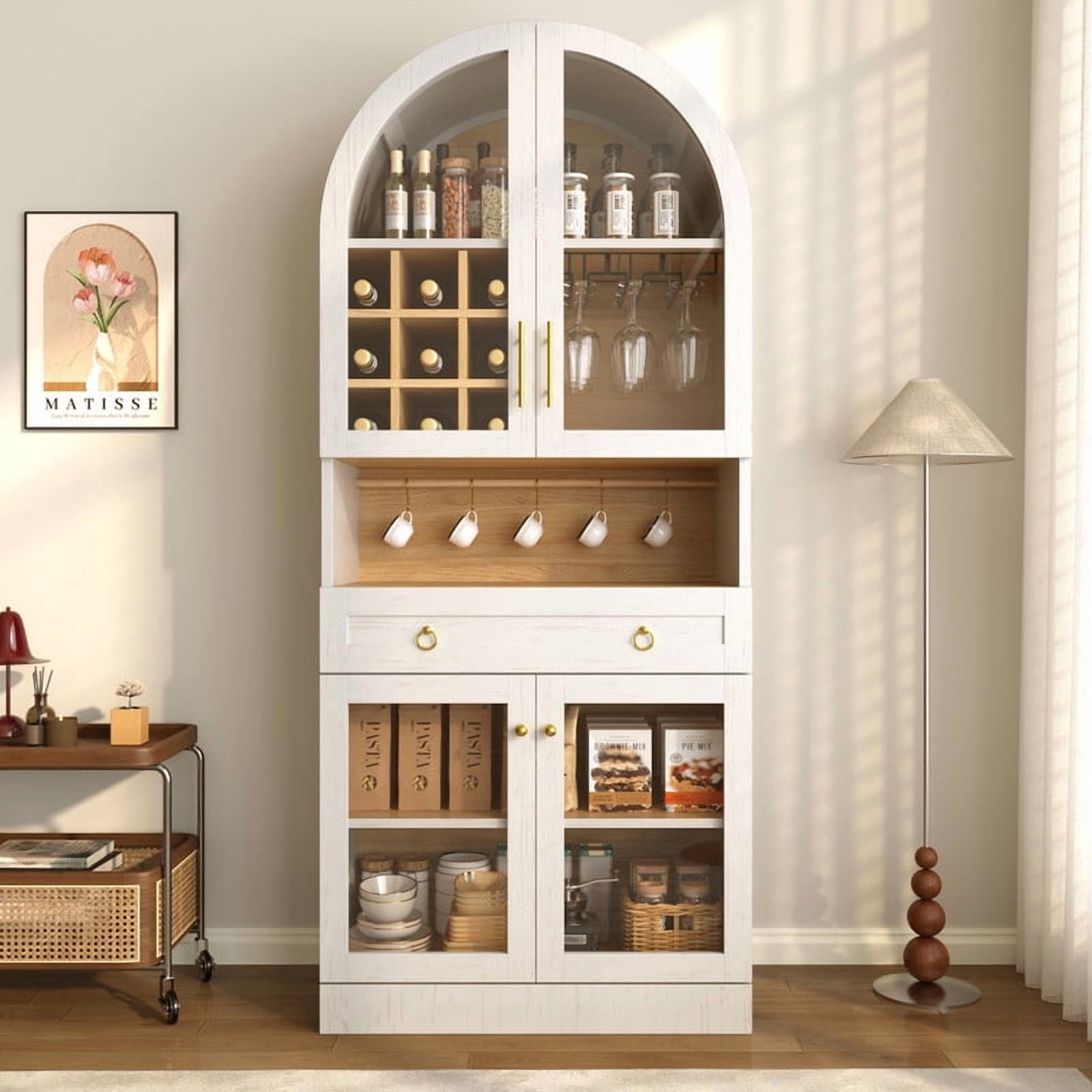 Mid-Century Bar Cabinet with Tempered Glass Doors & Drawer, Home Coffee Storage Cabinet with Hooks, Wine Racks & Glass Holders