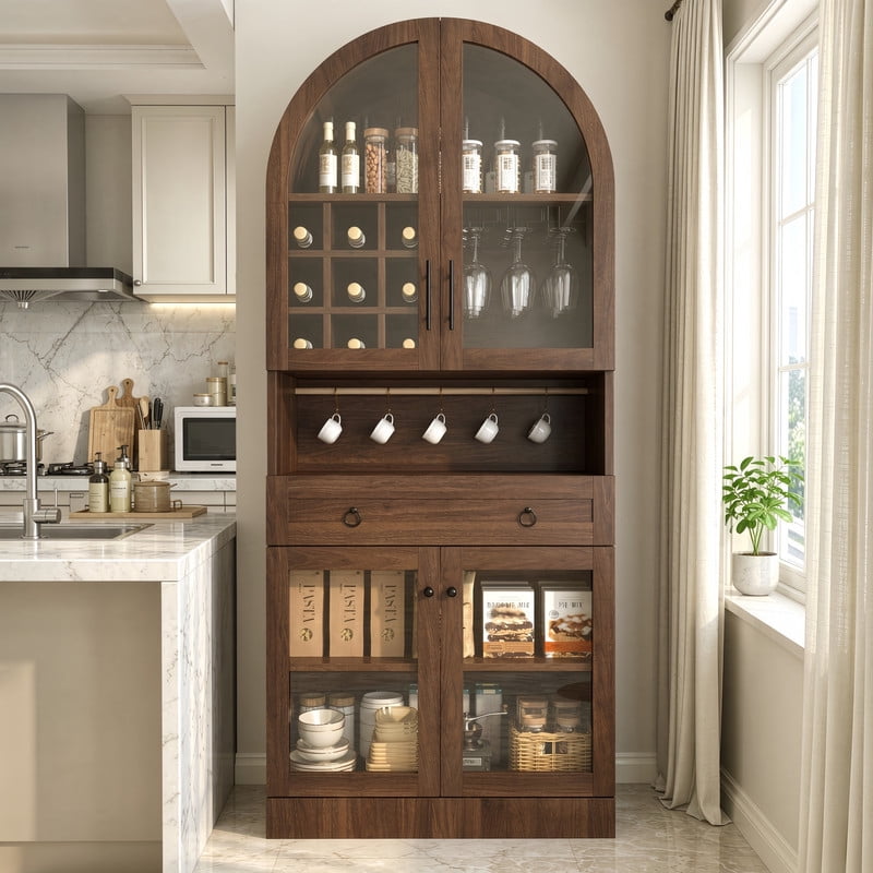 Mid-Century Bar Cabinet with Tempered Glass Doors & Drawer, Home Coffee Storage Cabinet with Hooks, Wine Racks & Glass Holders