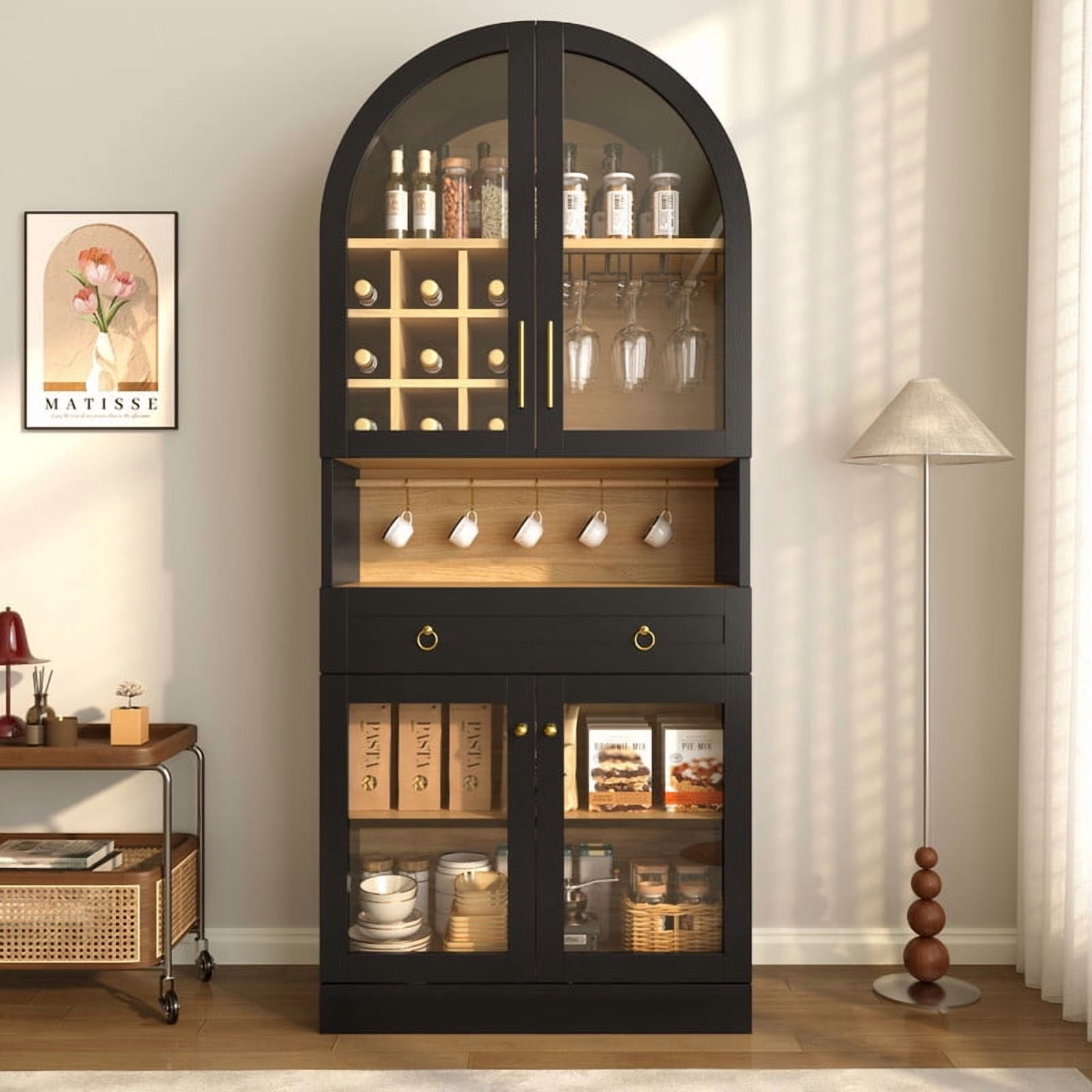 Mid-Century Bar Cabinet with Tempered Glass Doors & Drawer, Home Coffee Storage Cabinet with Hooks, Wine Racks & Glass Holders