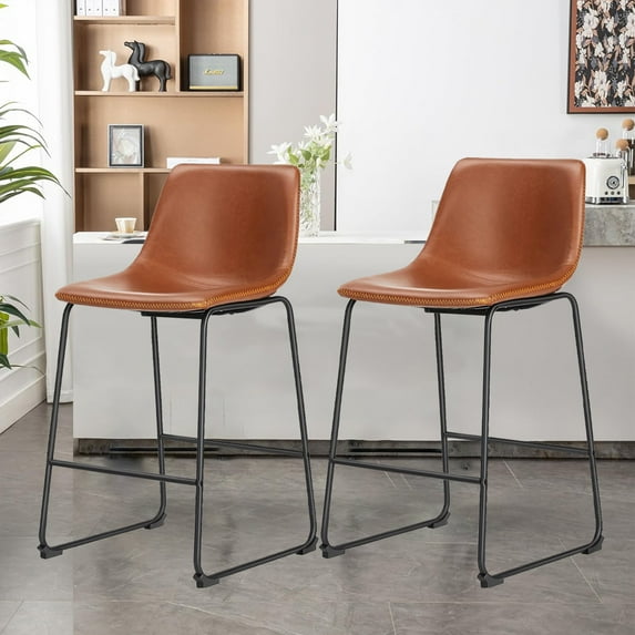Mid-Century Bar Stools Set of 2, Comfortable, Ergonomic Dining Chairs with Waterproof PU Leather for Kitchen, Home Furniture