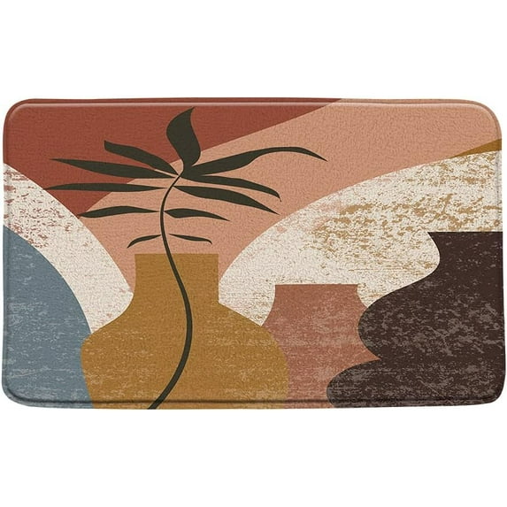 Mid Century Bath Mat Abstract Geometric Modern Aesthetic Plant Leaf Art Minimalistic Contemporary Design Bathroom Decor Microfiber Memory Foam Backing Bath Rugs 16x24 Inch