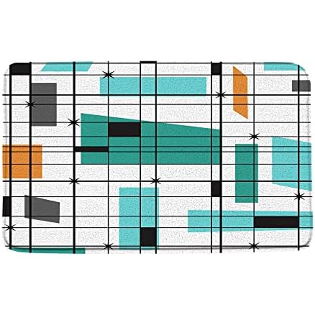 Mid Century Bath Mat Abstract Turquoise Orange Diamond Retro Geometric