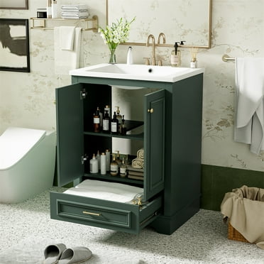Mid-Century Bathroom Vanity With Sink, 24 Inch Modern Bathroom Vanities Cabinet With 2 Doors And 1 Drawer, Adjustable Shelves, Wood Frame, Soft Closing, Metal Handles