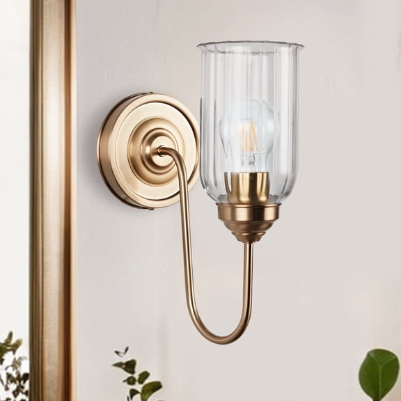 Mid Century Bathroom Vanity Wall Light Fixtures, Brass Wall Lamp with Glass Shade for Bedroom Mirror Living Room Kitchen