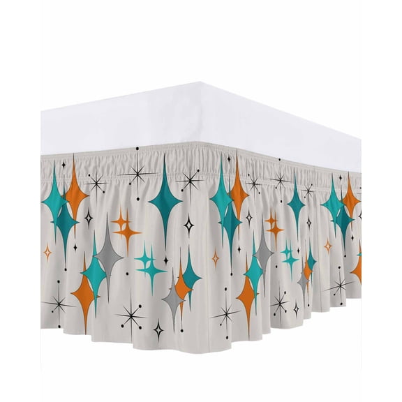 Mid Century Bed Skirt Boho Modern Geometric Teal Orange Star Bed Skirts King Size 16 Inch Drop, Wrap Around Dust Ruffle&nbsp;Bedskirt with Adjustable Elastic Belt for Queen Size Beds