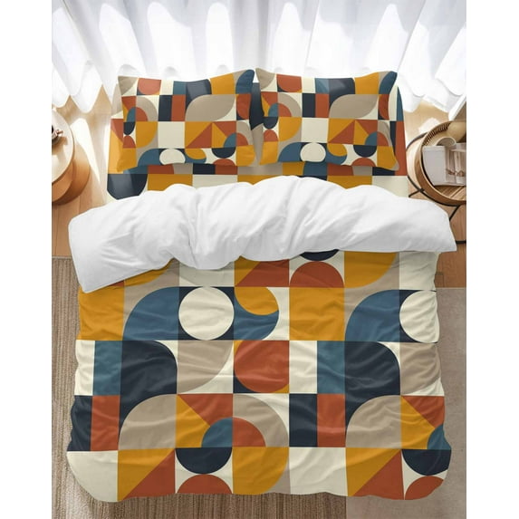 Mid Century Bedding Duvet Cover Set Full 4 Pieces Orange Brown Beige Blue Abstract Retro Geometric Modern Bedding Set with Zipper Closure,1 Comforter Cover 86x86 Inches 1 Flat Sheet & 2 Pillow Cases