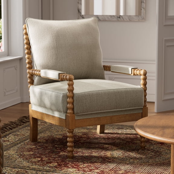 Mid Century Beige Spindle Accent Chair Upholstered Armchair with Thick Cushion and Wood Frame