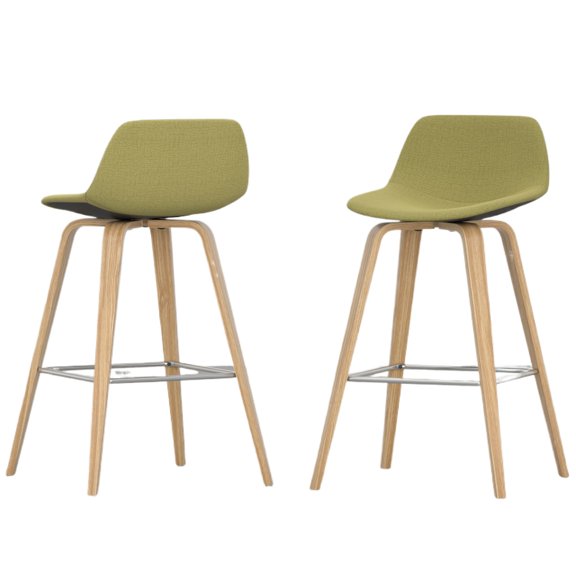 Mid-Century Bentwood Bar Stools Set of 2 Green Linen Fabric Counter Height Stools