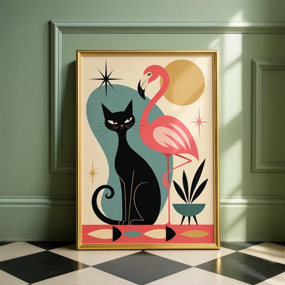 Mid Century Black Cat Flamingo Retro Animal Wall Art Atomic, Unframed Poster