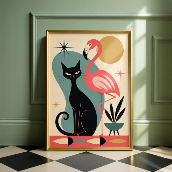Mid Century Black Cat Flamingo Retro Poster Unframed Paper Print