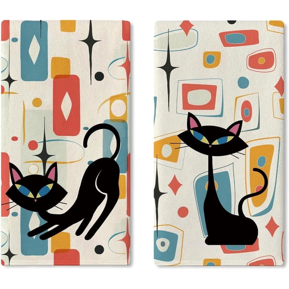 Mid Century Black Cat Kitchen Dish Towels Set of 2, Colorful Modern Geometric Abstract Art Drying Hand Towel Baking Cooking Cloth, Retro Atomic Starburst Bathroom Home Decoration 18'' x 26''