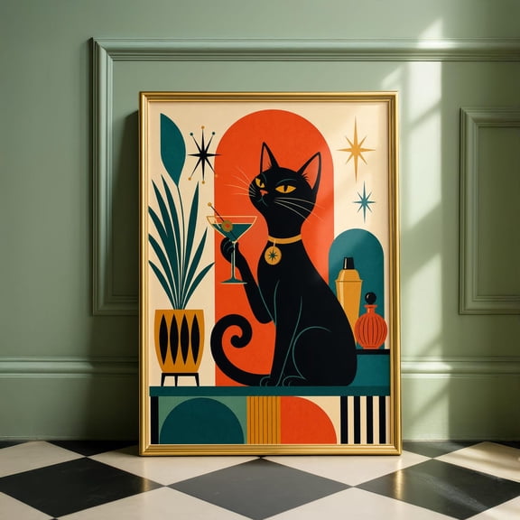 Mid Century Black Cat Martini Retro Atomic Style Poster Unframed Paper Print