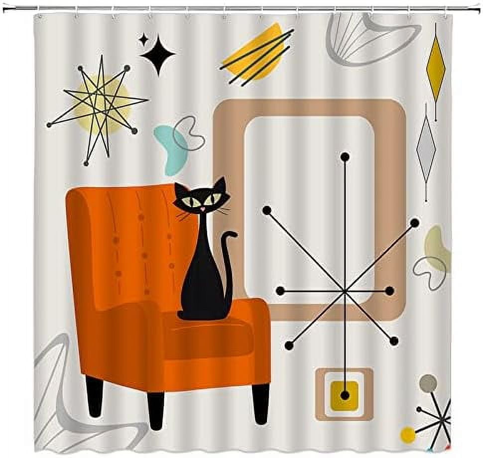 Mid Century Black Cat Shower Curtain Modern Atomic Starbursts Abstract