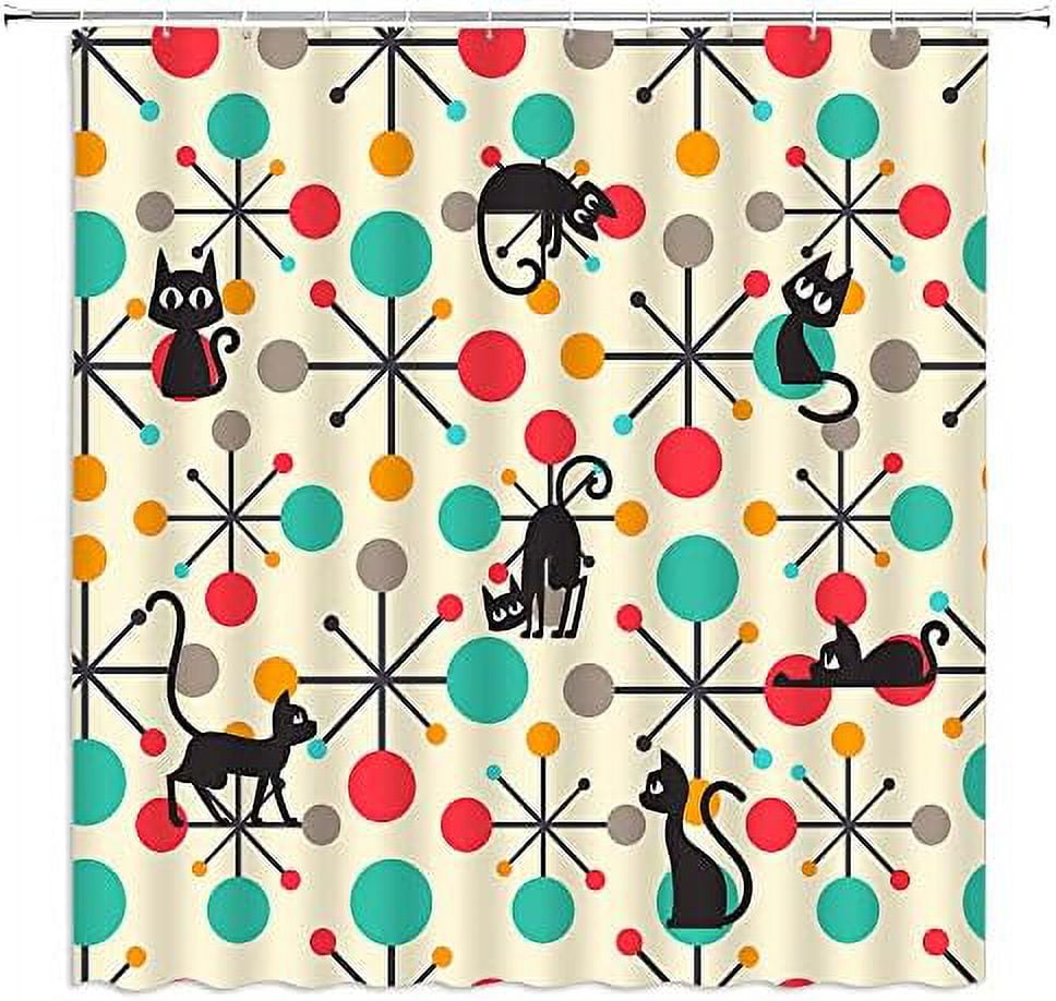 Mid Century Black Cat Shower Curtain Modern Atomic Starbursts Abstract