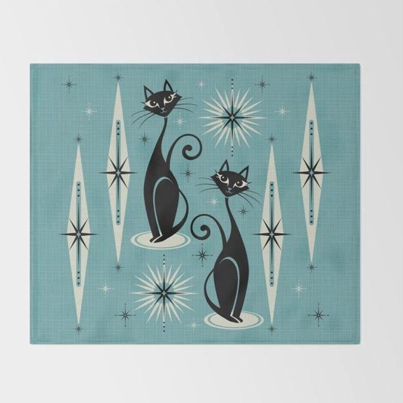 Mid-Century Black Cats and Atomic Starbursts Teal Fleece Blanket, Polyester, 280 GSM, Retro Home Accent
