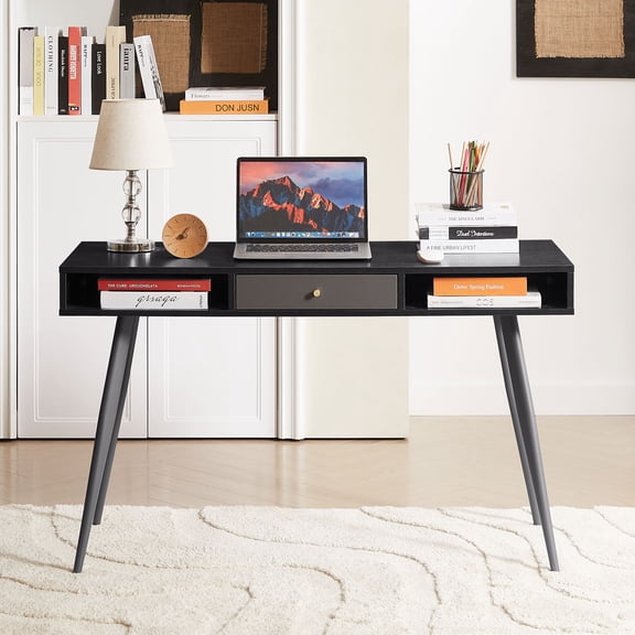 Mid Century Black Desk with USB Charging and Three Drawers