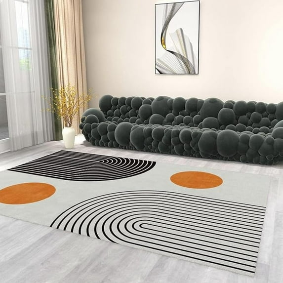 Mid Century Black And Orange Line Area Rugs, Boho Geometric Sunset Easy Clean Rug, Soft Non-Skid Carpet Throw Rug For Kids Bedroom Living Room Bathroom Classroom Office 5x6ft